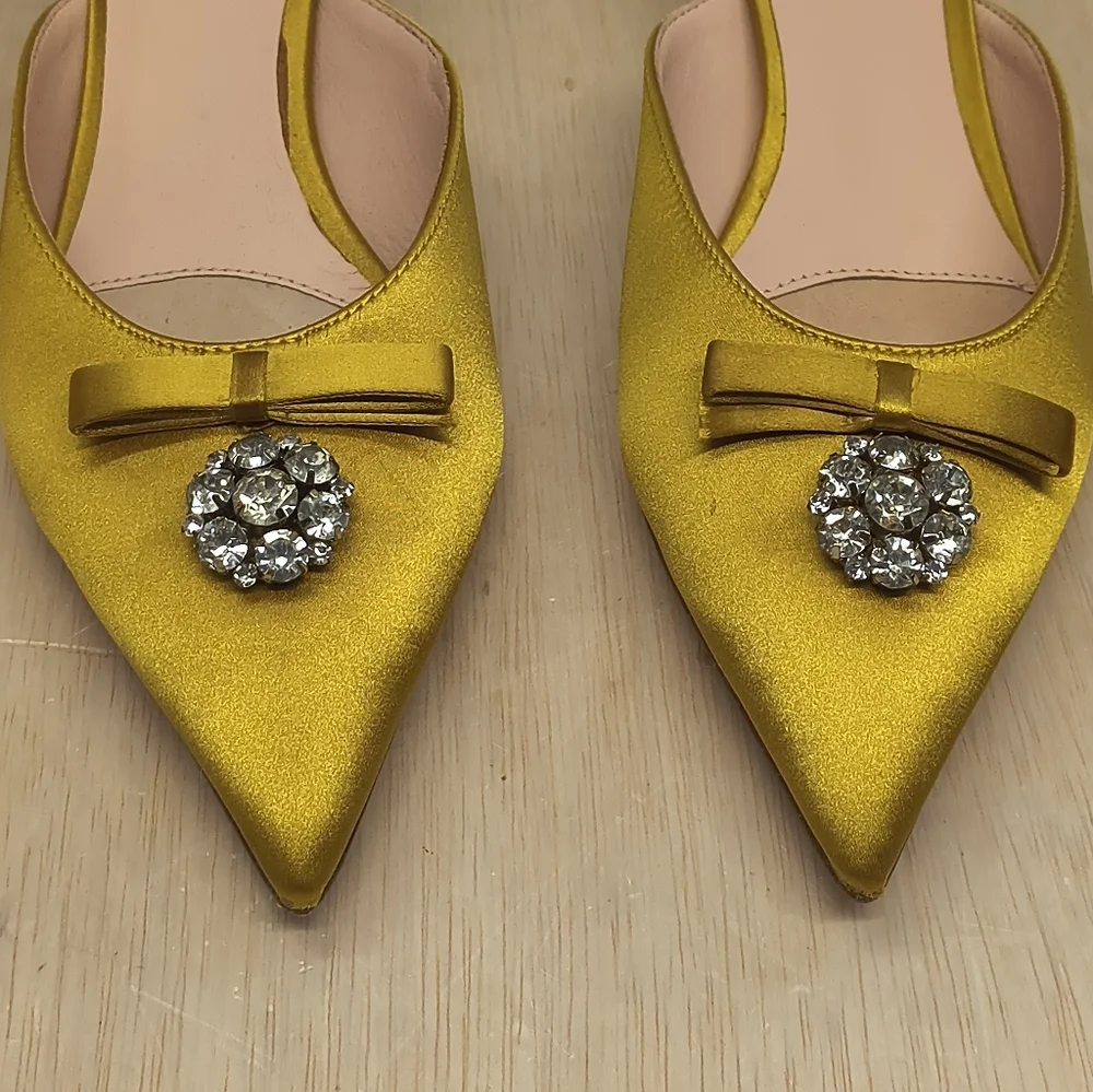 Kate Spade Darlene Yellow Satin Bow Jewel Pointed Toe Kitten Heel Mules Size 8 - Picture 2 of 12